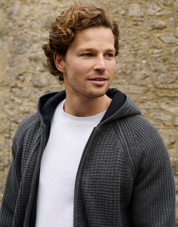 Charcoal Grey Marl Zip Up Knitted Microfleece Lined Hoodie