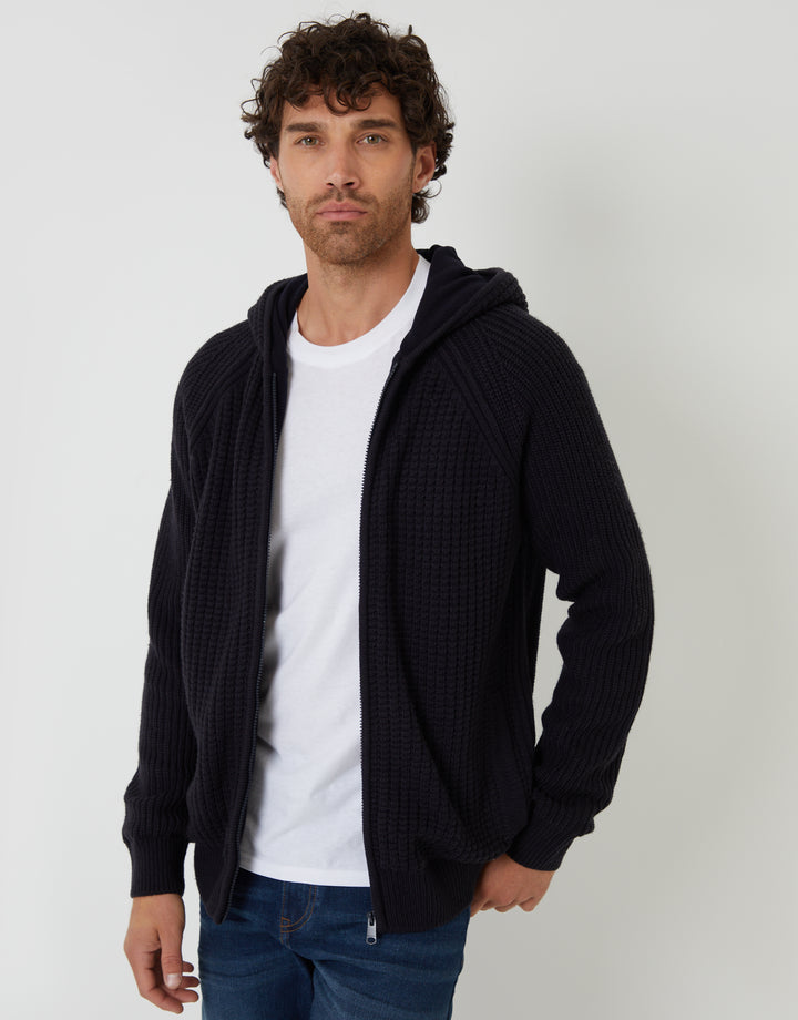 Navy Zip Up Knitted Microfleece Lined Hoodie