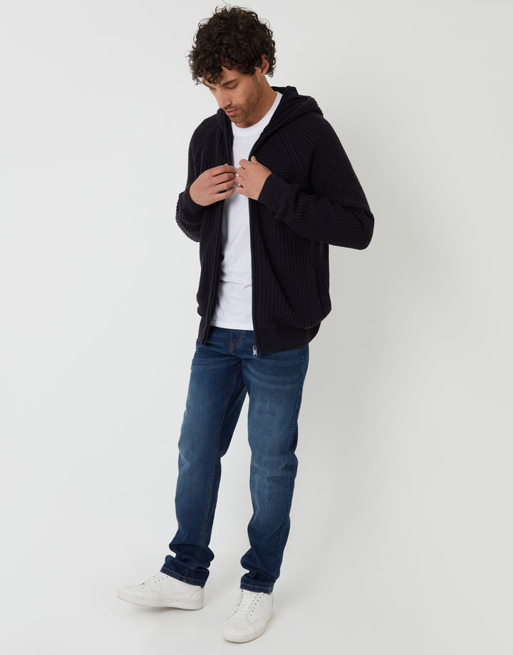 Navy Zip Up Knitted Microfleece Lined Hoodie