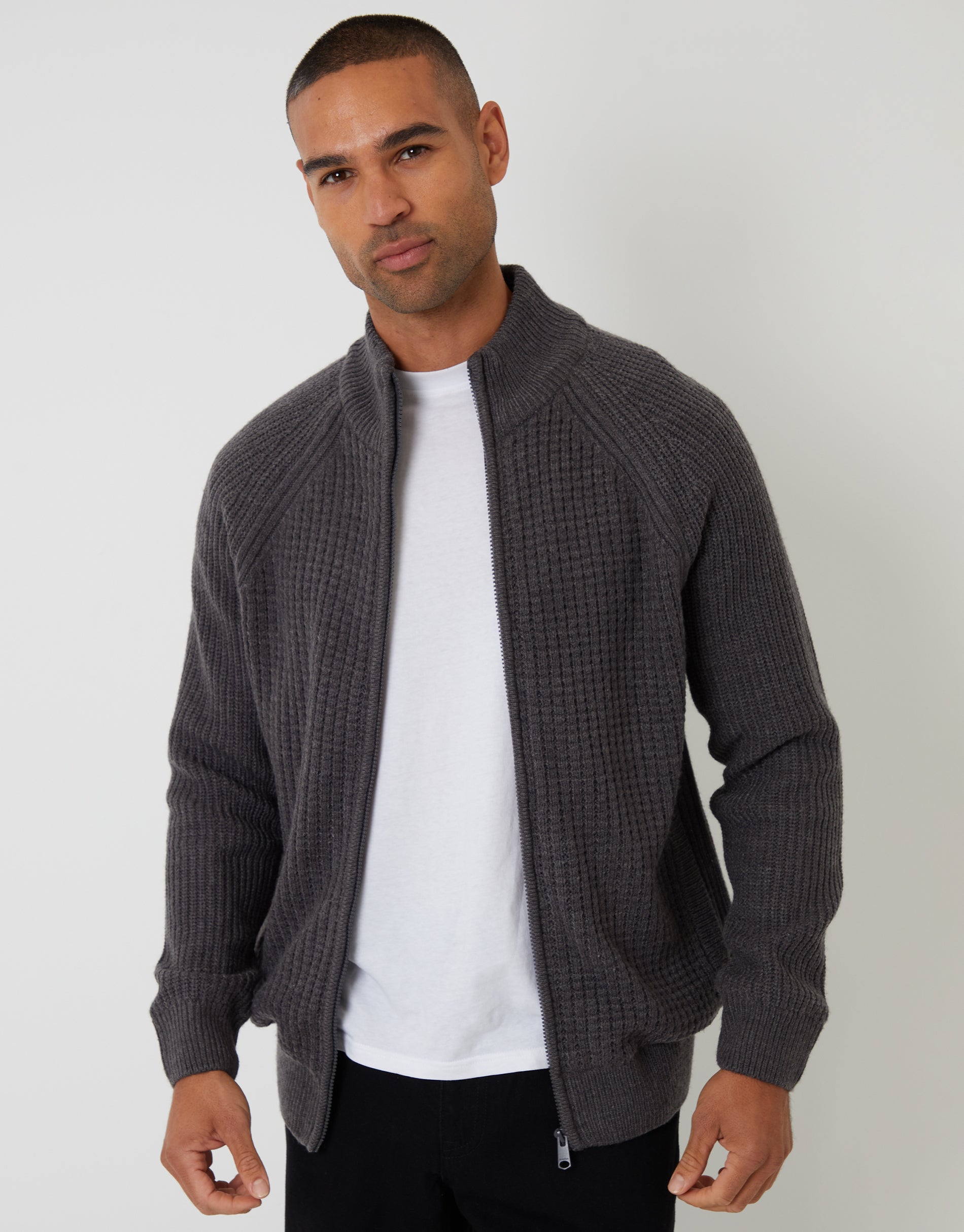 Threadbare Men's Charcoal Grey Marl Zip Up Microfleece Lined Cardigan