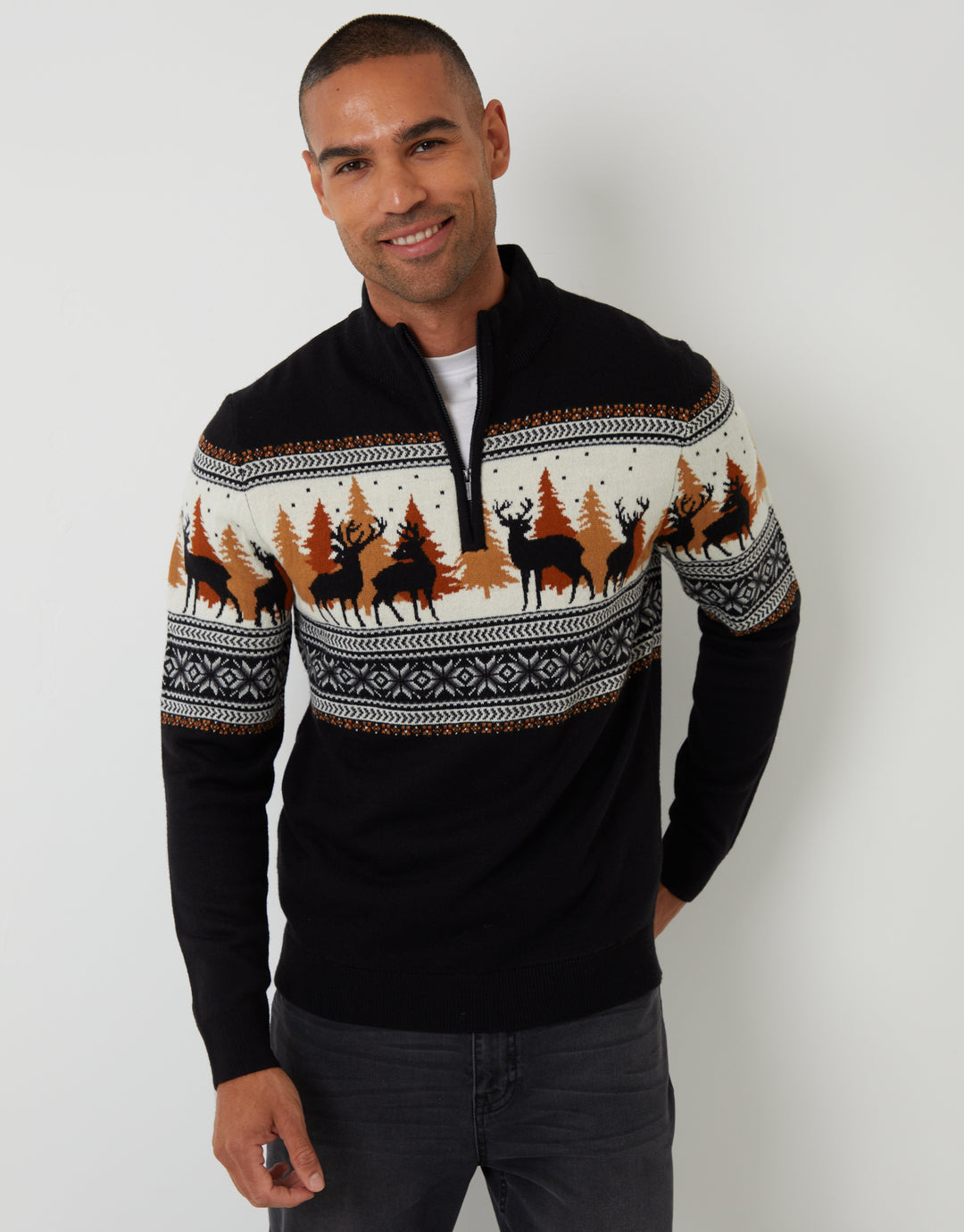 Reindeer Fairisle Quarter Zip Christmas Jumper in Black