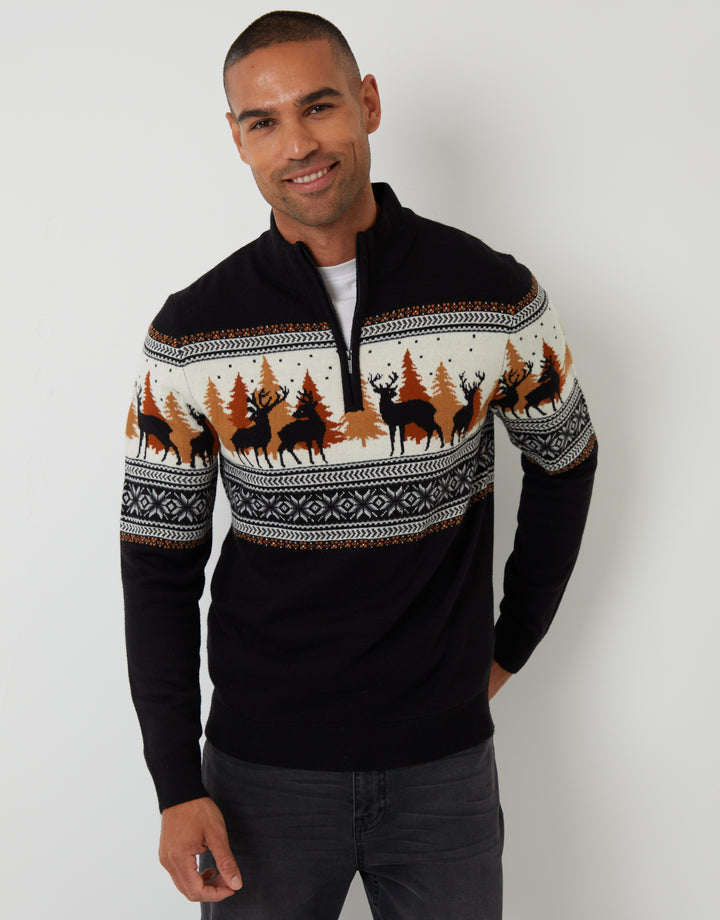 Reindeer Fairisle Quarter Zip Christmas Jumper in Black