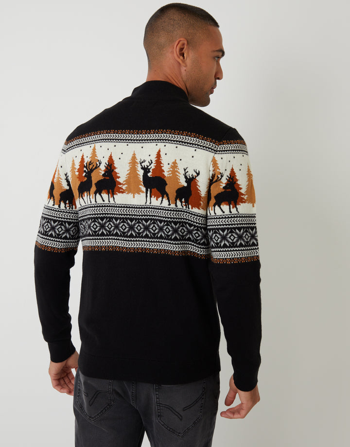 Reindeer Fairisle Quarter Zip Christmas Jumper in Black