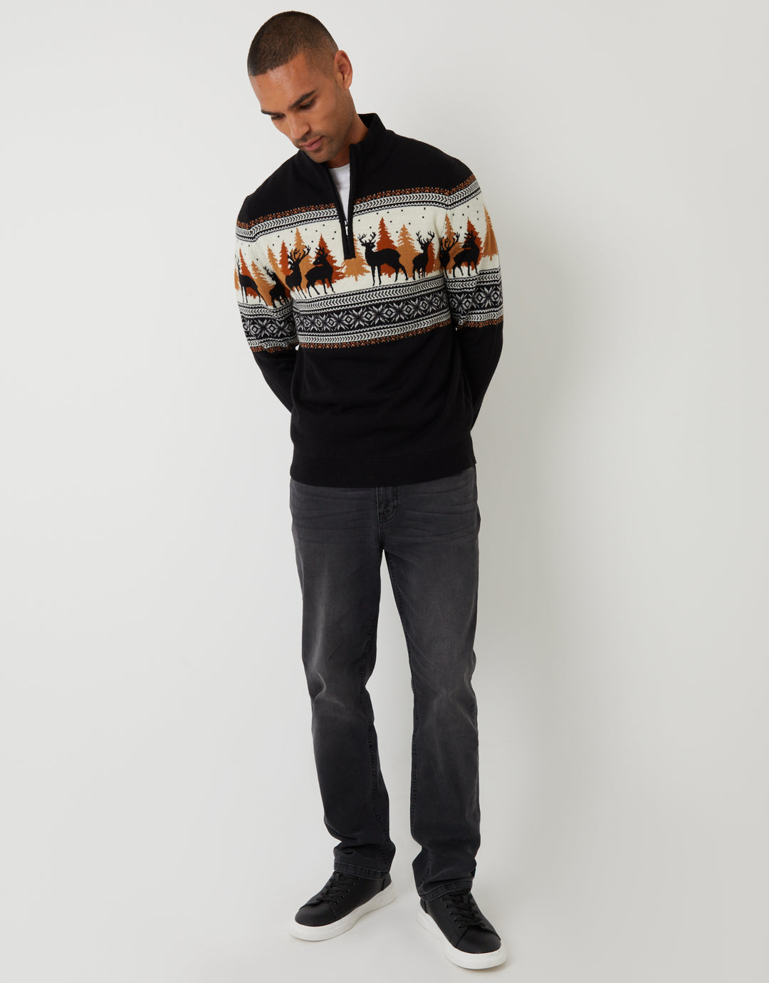 Reindeer Fairisle Quarter Zip Christmas Jumper in Black