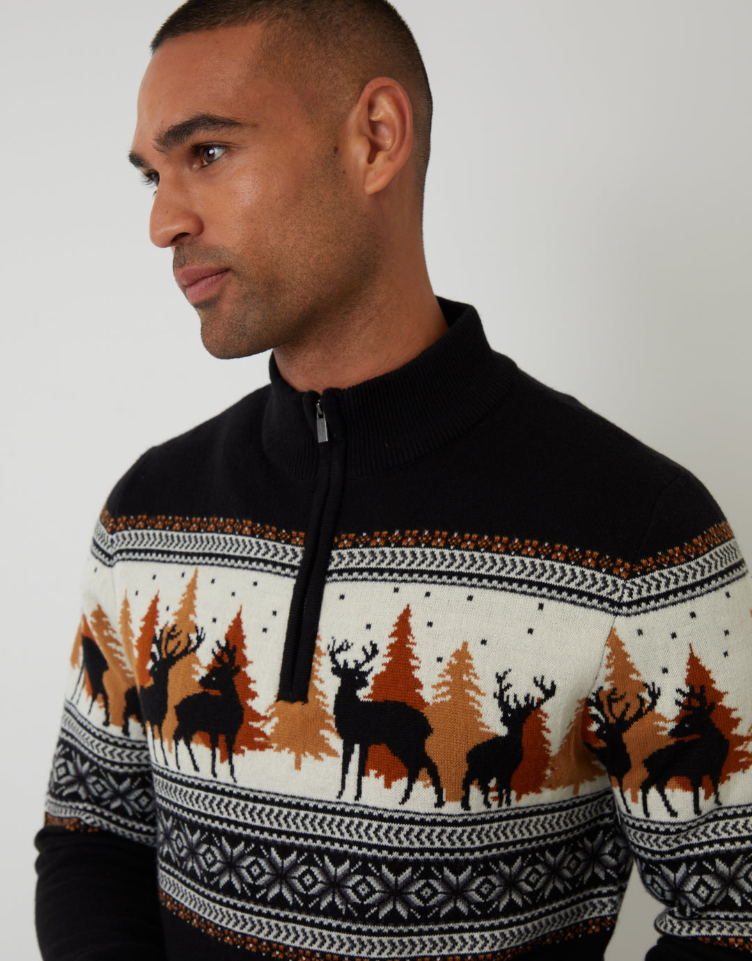 Reindeer Fairisle Quarter Zip Christmas Jumper in Black