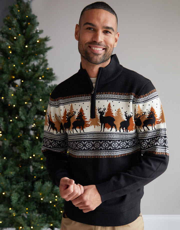 Black Reindeer Fairisle Quarter Zip Jumper