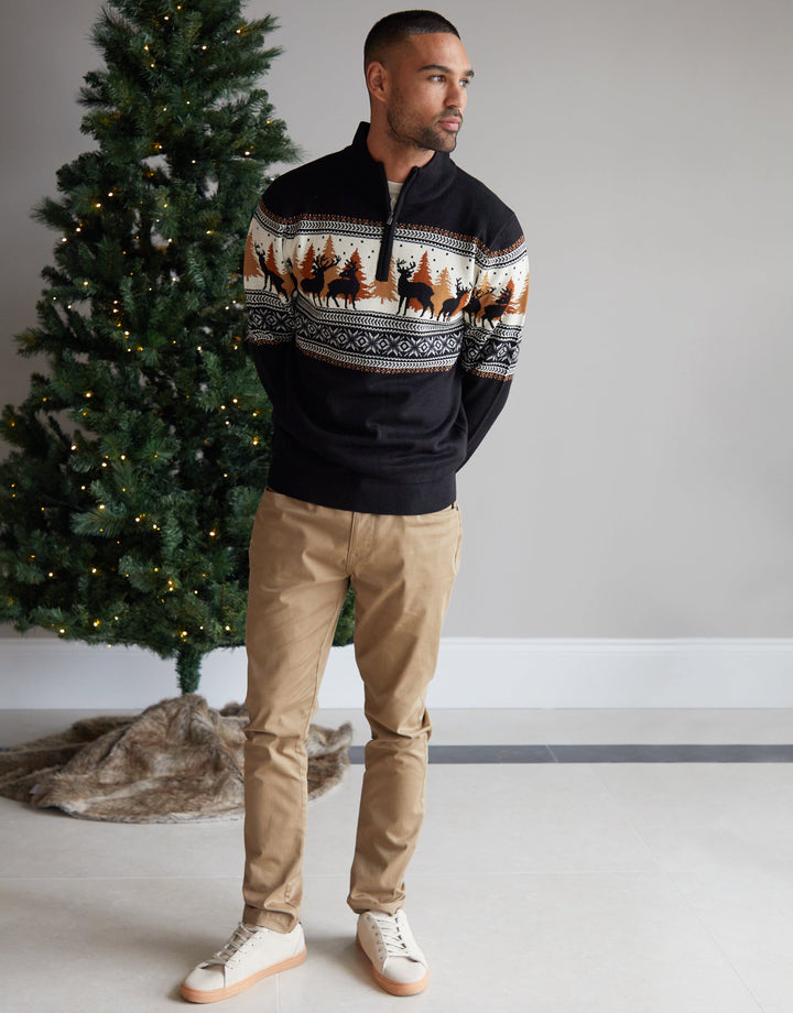 Black Reindeer Fairisle Quarter Zip Jumper