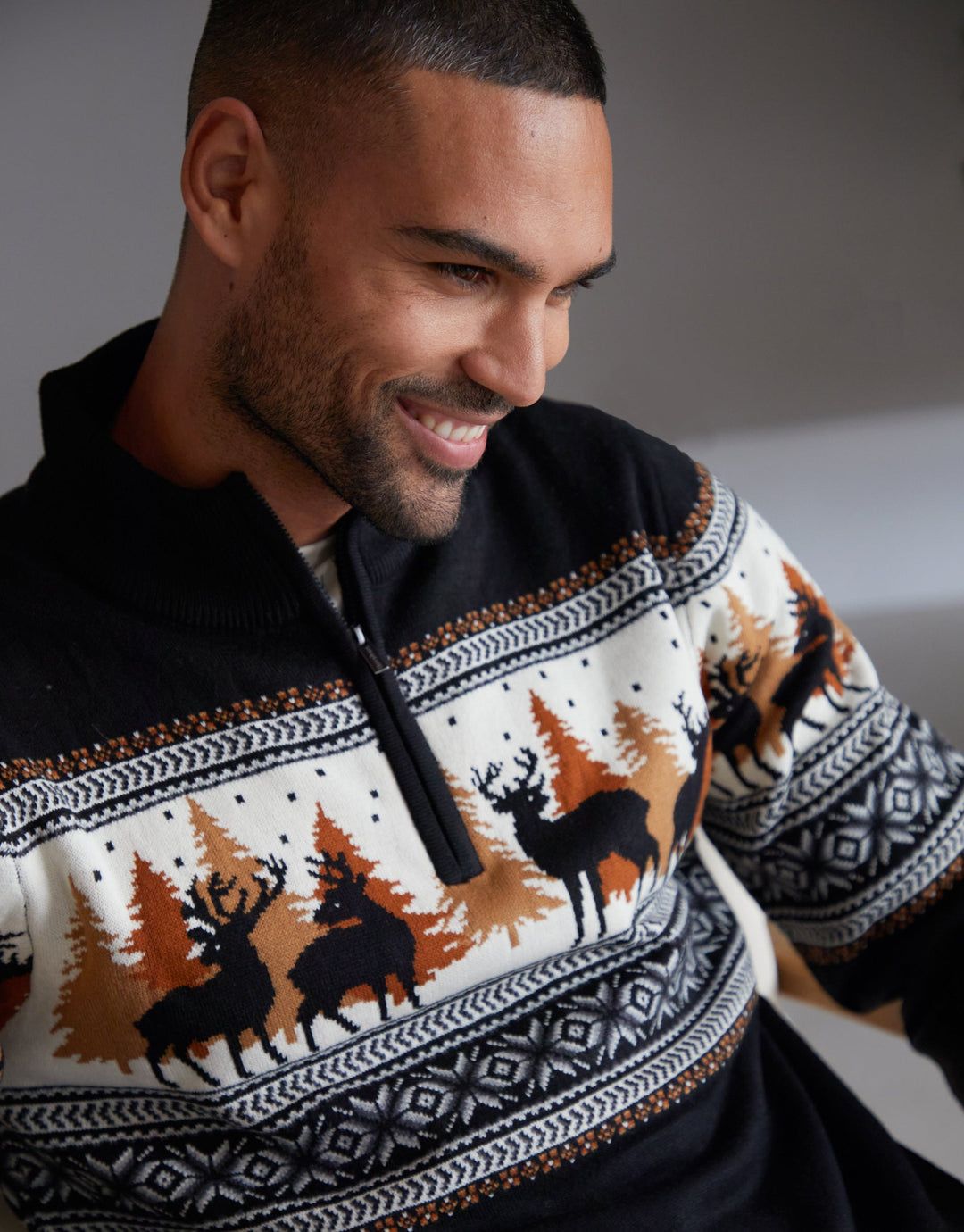 Black Reindeer Fairisle Quarter Zip Jumper