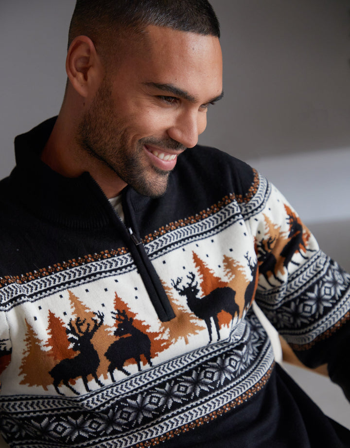 Black Reindeer Fairisle Quarter Zip Jumper