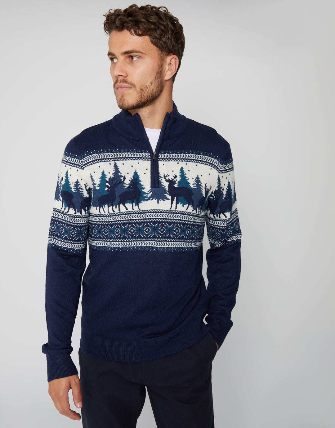 Navy Reindeer Fairisle Quarter Zip Jumper