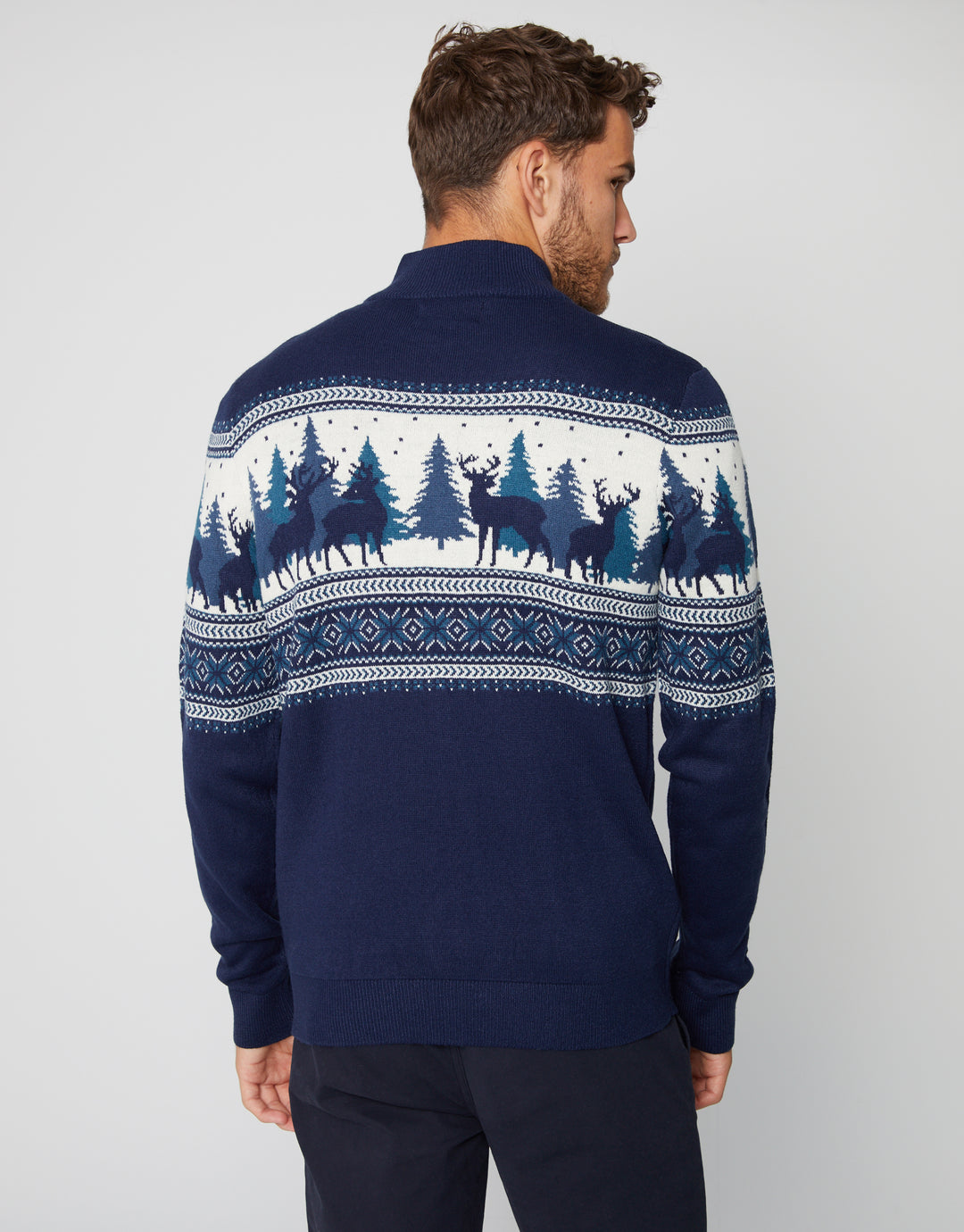 Navy Reindeer Fairisle Quarter Zip Jumper