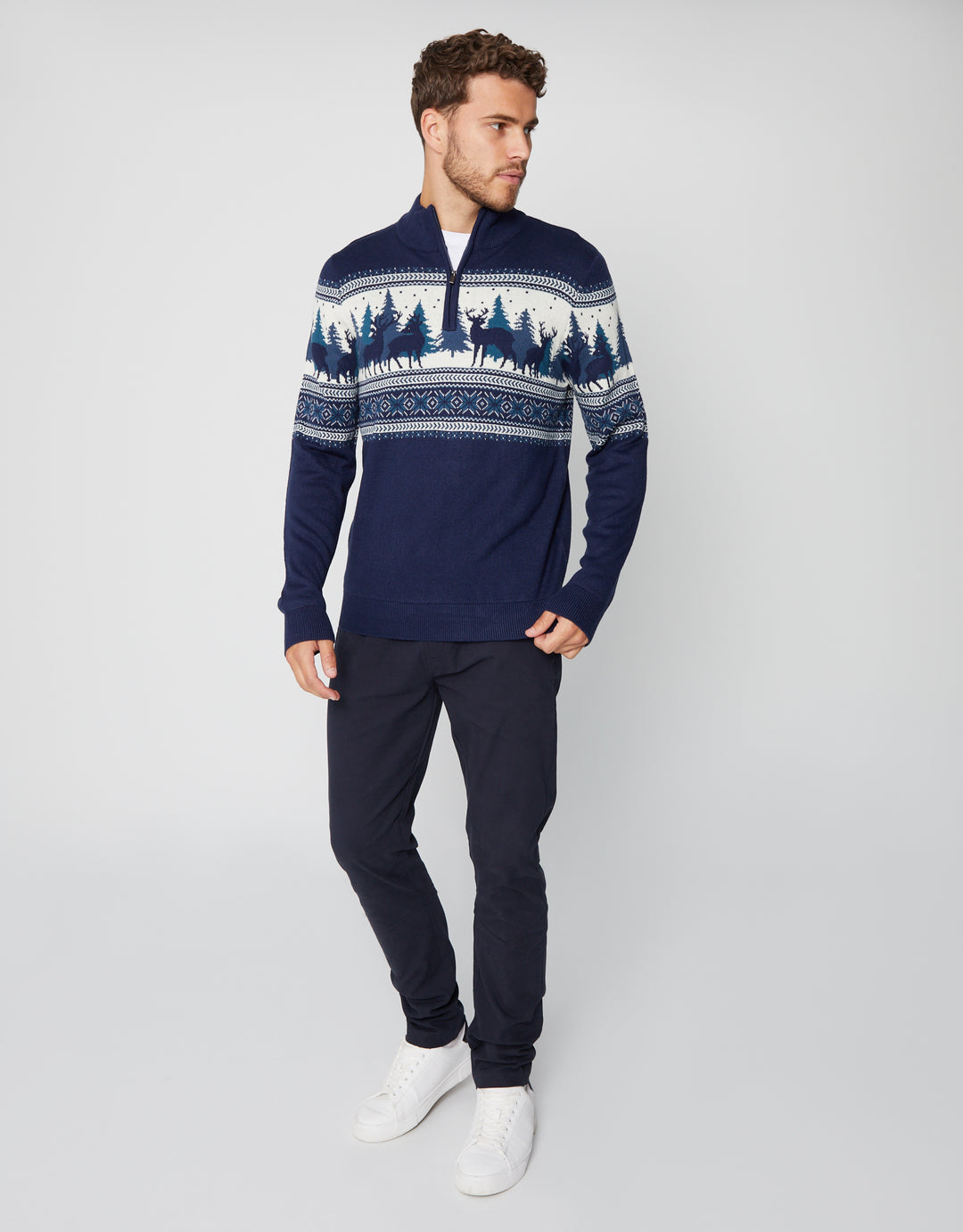 Navy Reindeer Fairisle Quarter Zip Jumper