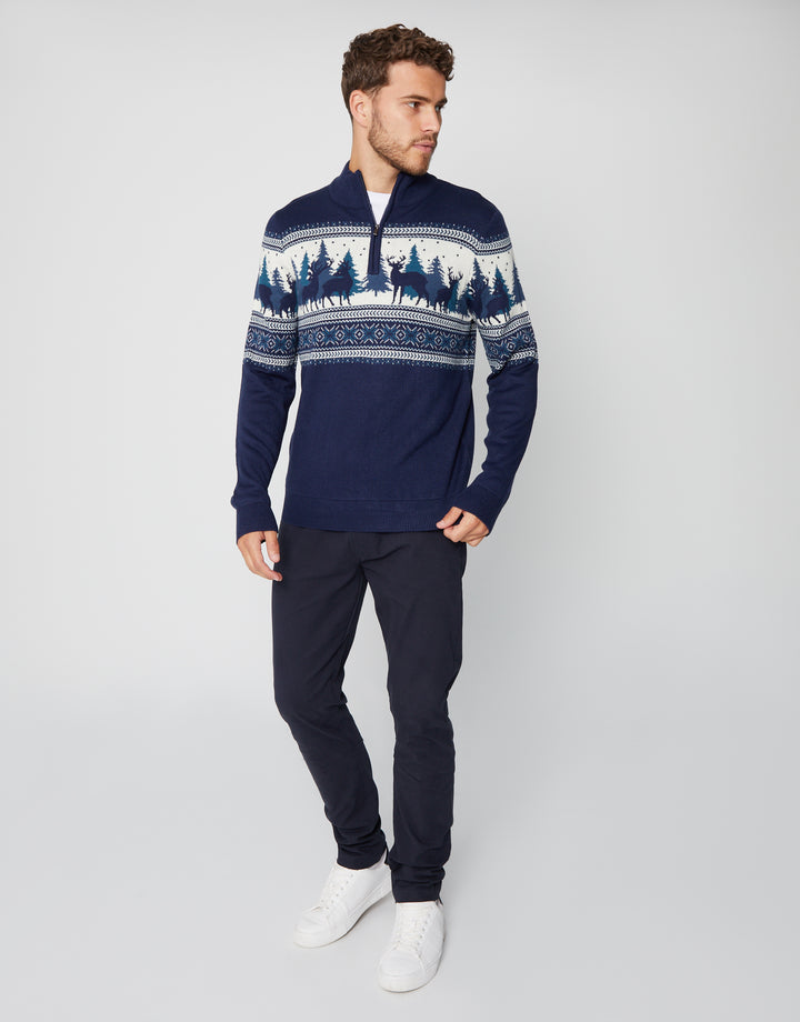 Navy Reindeer Fairisle Quarter Zip Jumper