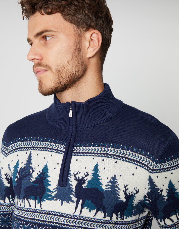 Navy Reindeer Fairisle Quarter Zip Jumper
