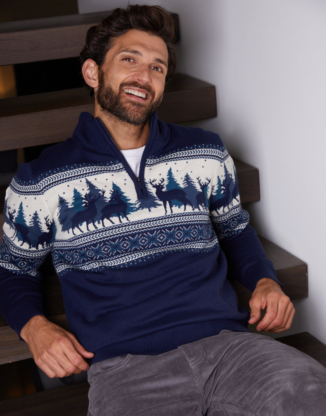 Navy Reindeer Fairisle Quarter Zip Jumper