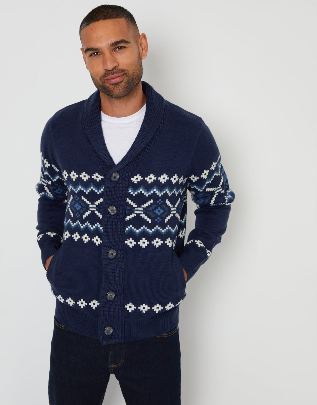 Navy Fairisle Shawl Neck Knitted Cardigan
