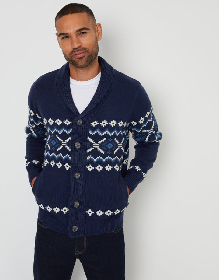 Navy Fairisle Shawl Neck Knitted Cardigan