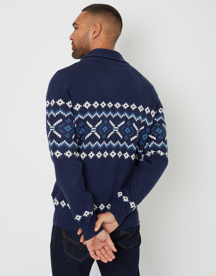 Navy Fairisle Shawl Neck Knitted Cardigan