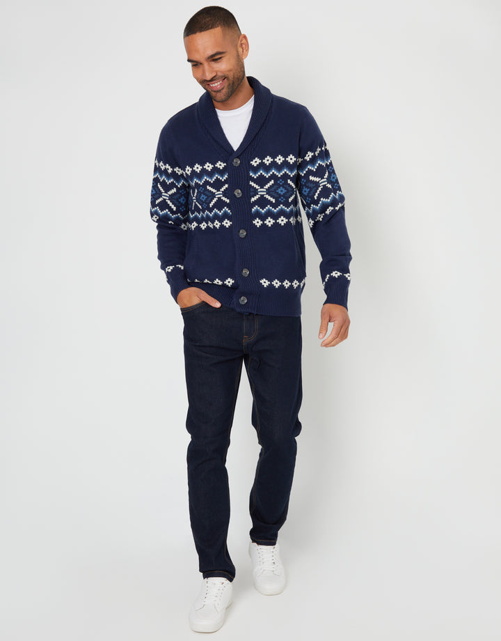 Navy Fairisle Shawl Neck Knitted Cardigan