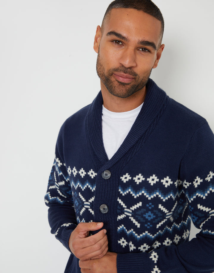 Navy Fairisle Shawl Neck Knitted Cardigan