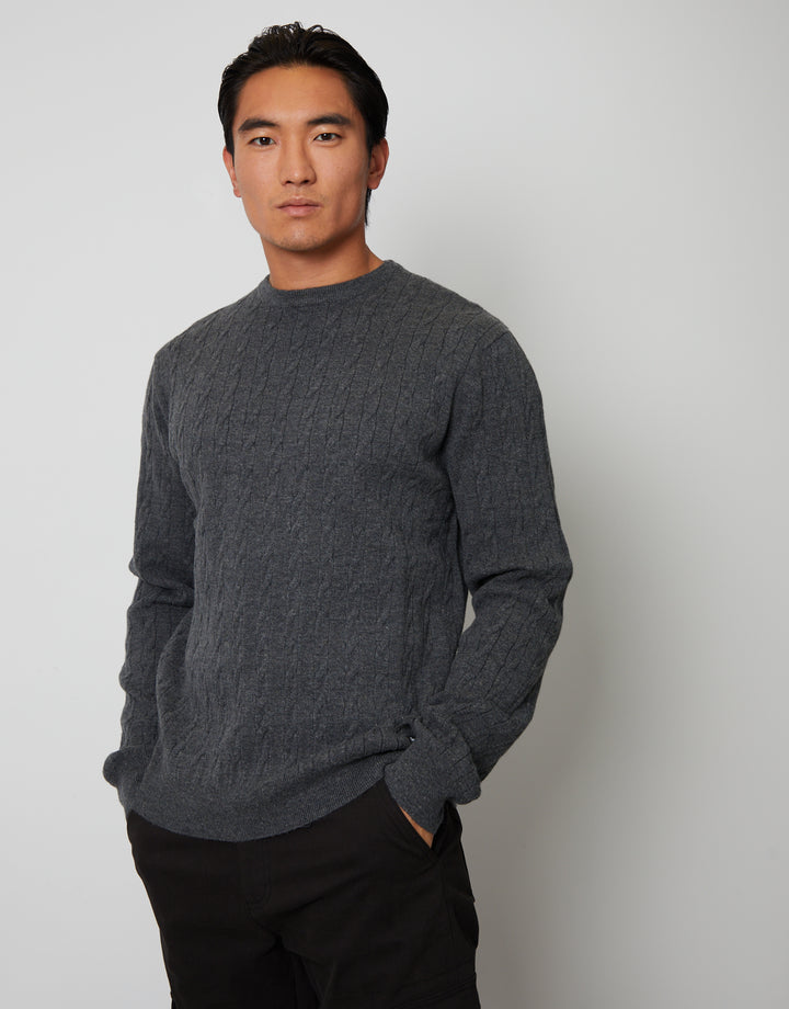 Charcoal Grey Ribbed Cable Knit Crew Neck Jumper