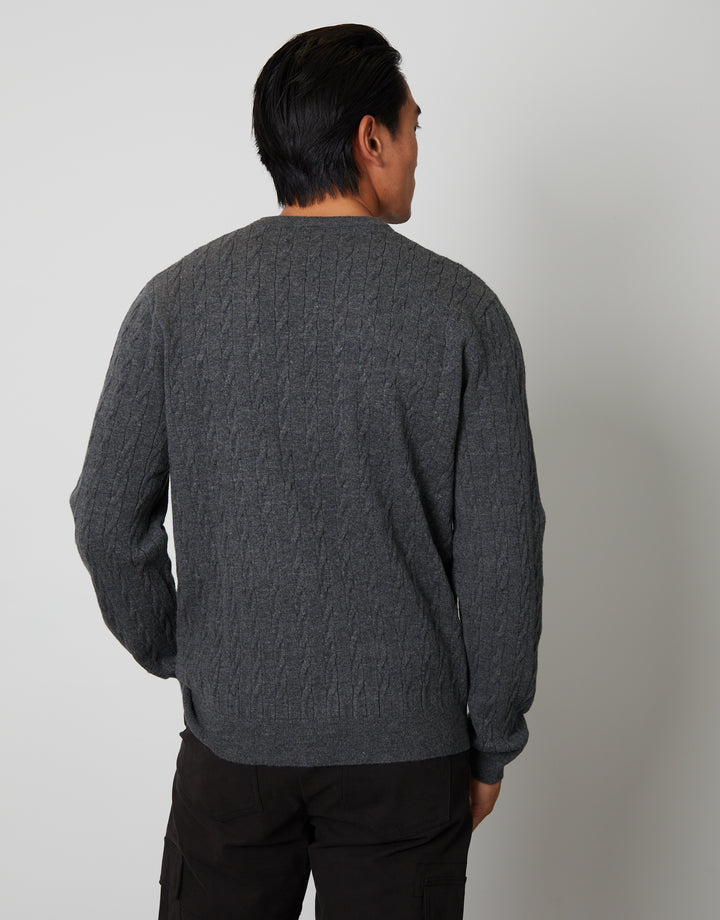 Charcoal Grey Ribbed Cable Knit Crew Neck Jumper