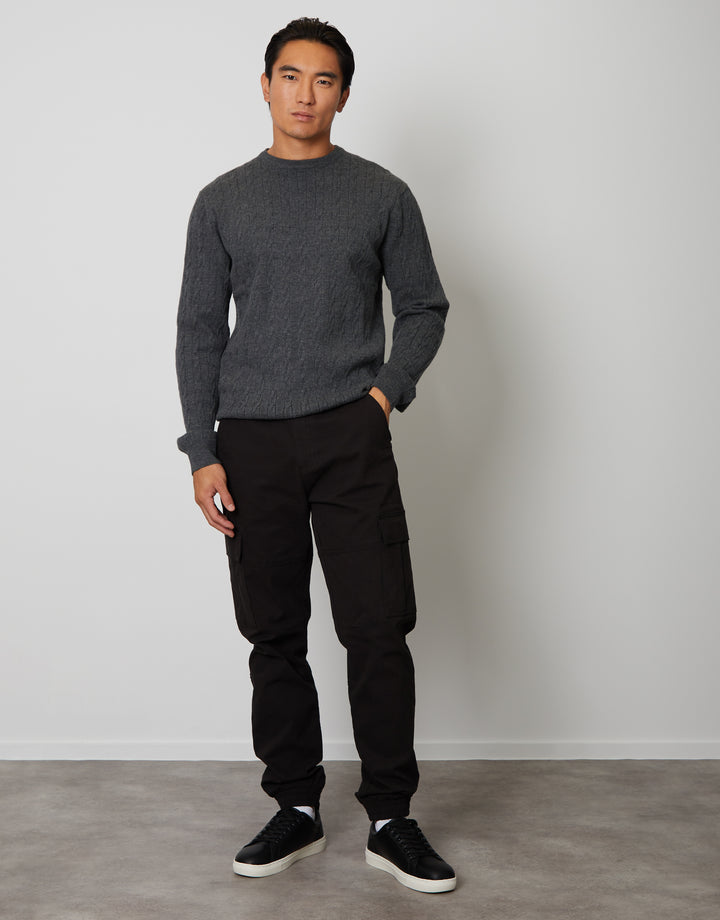 Charcoal Grey Ribbed Cable Knit Crew Neck Jumper