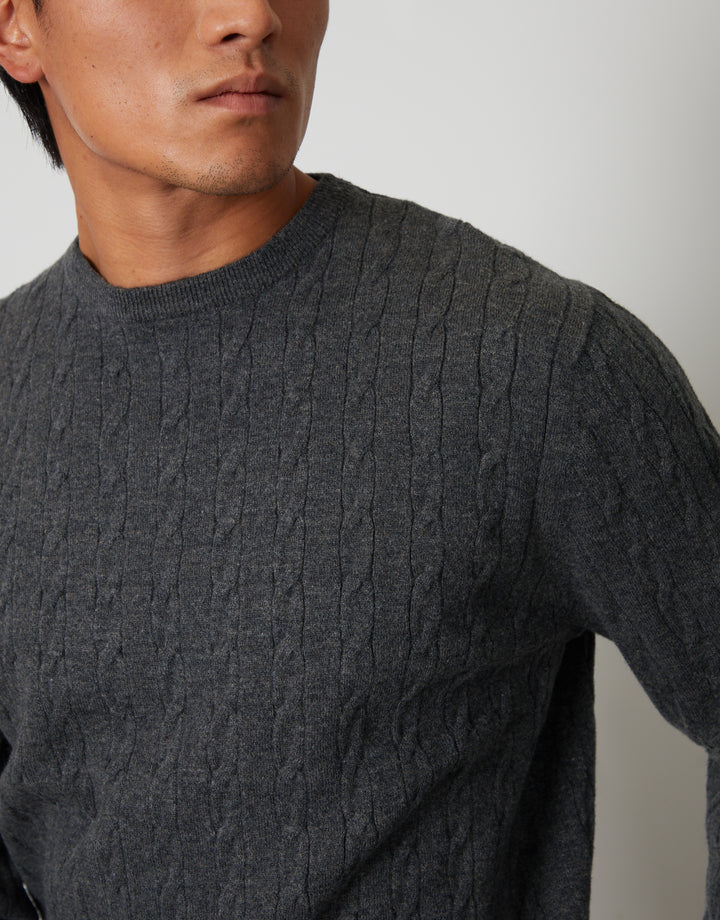 Charcoal Grey Ribbed Cable Knit Crew Neck Jumper