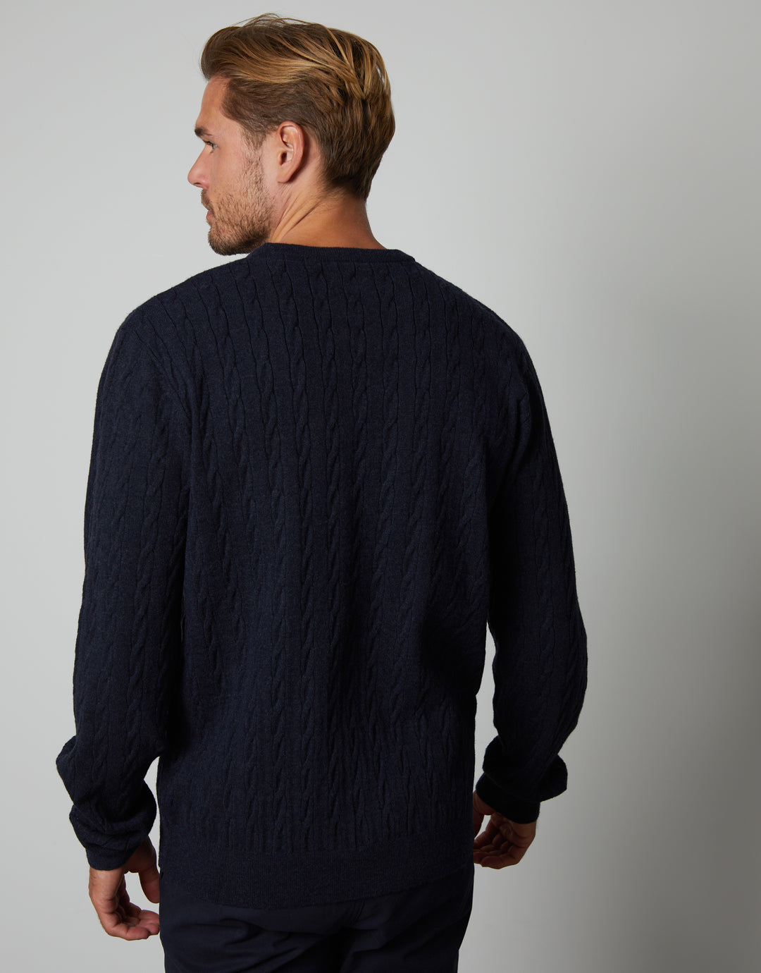 Navy Ribbed Cable Knit Crew Neck Jumper