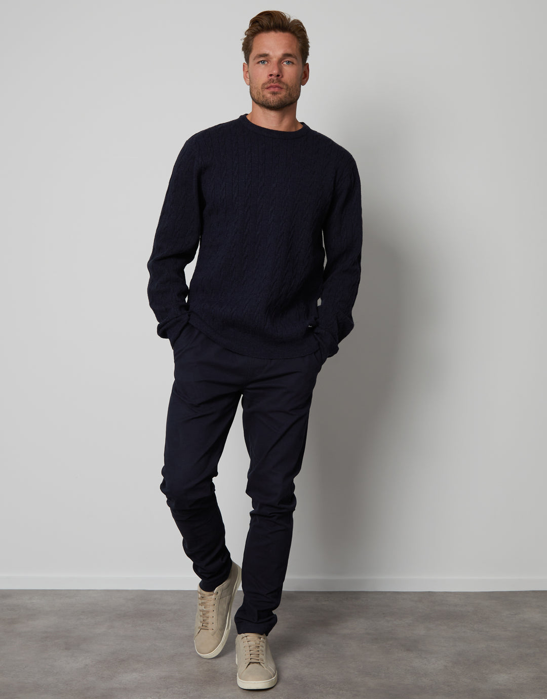 Navy Ribbed Cable Knit Crew Neck Jumper
