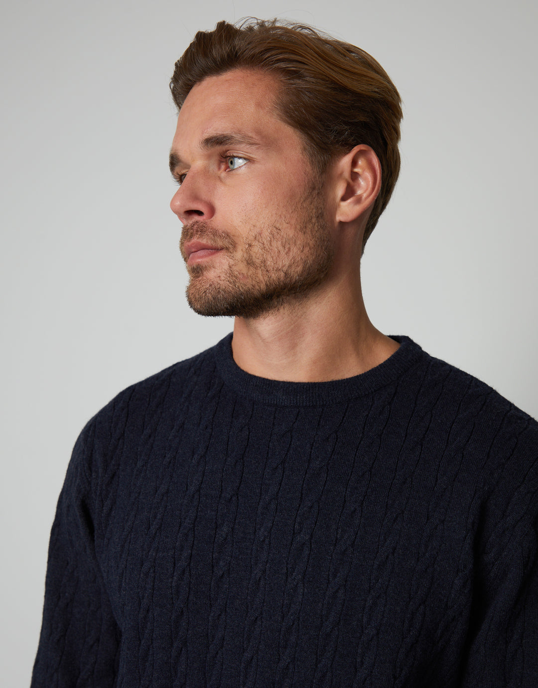 Navy Ribbed Cable Knit Crew Neck Jumper