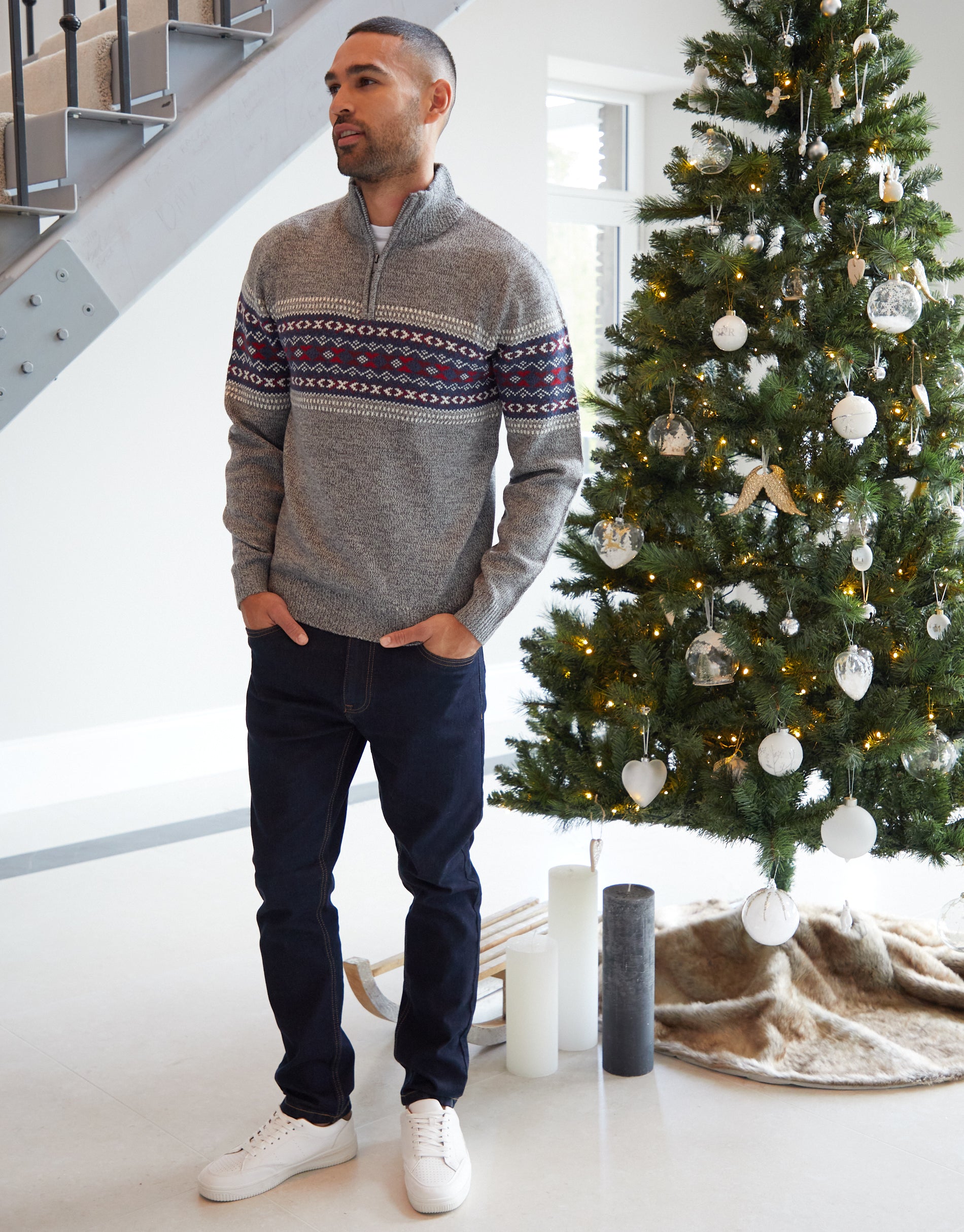 Threadbare Men's Grey Marl Twist Fairisle Quarter Zip Jumper
