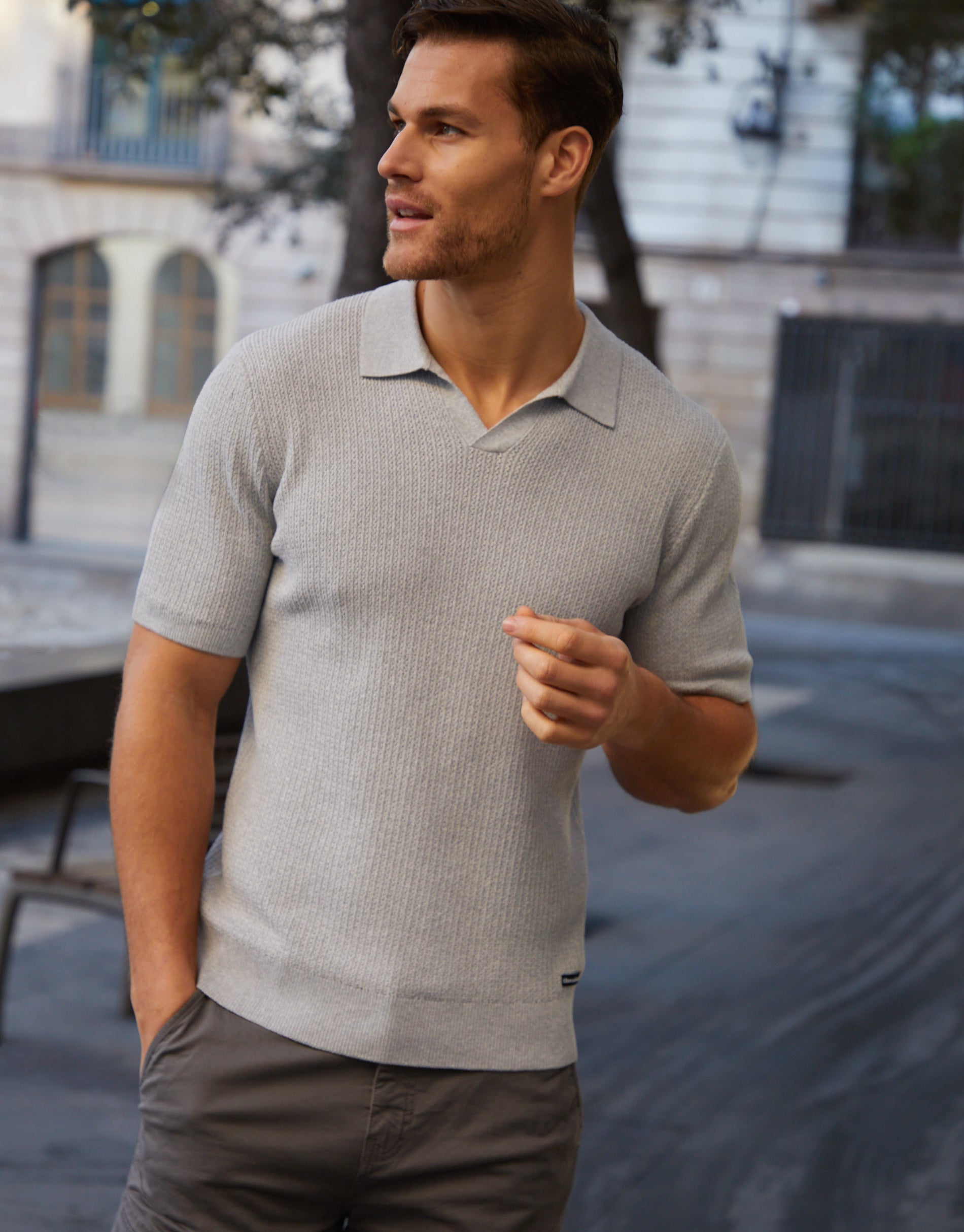 Threadbare Men's Light Grey Trophy Neck Knitted Short Sleeve Polo