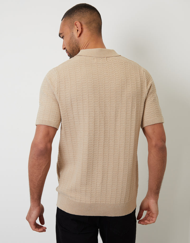 Beige Button Collar Textured Knit Polo
