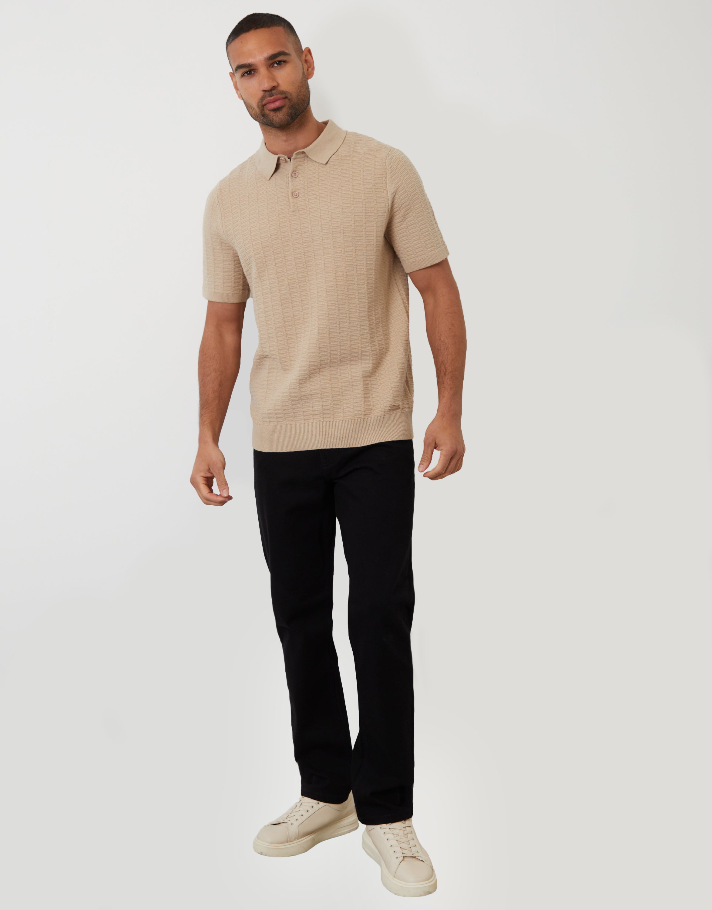 Threadbare Men's Beige Button Collar Textured Knit Polo