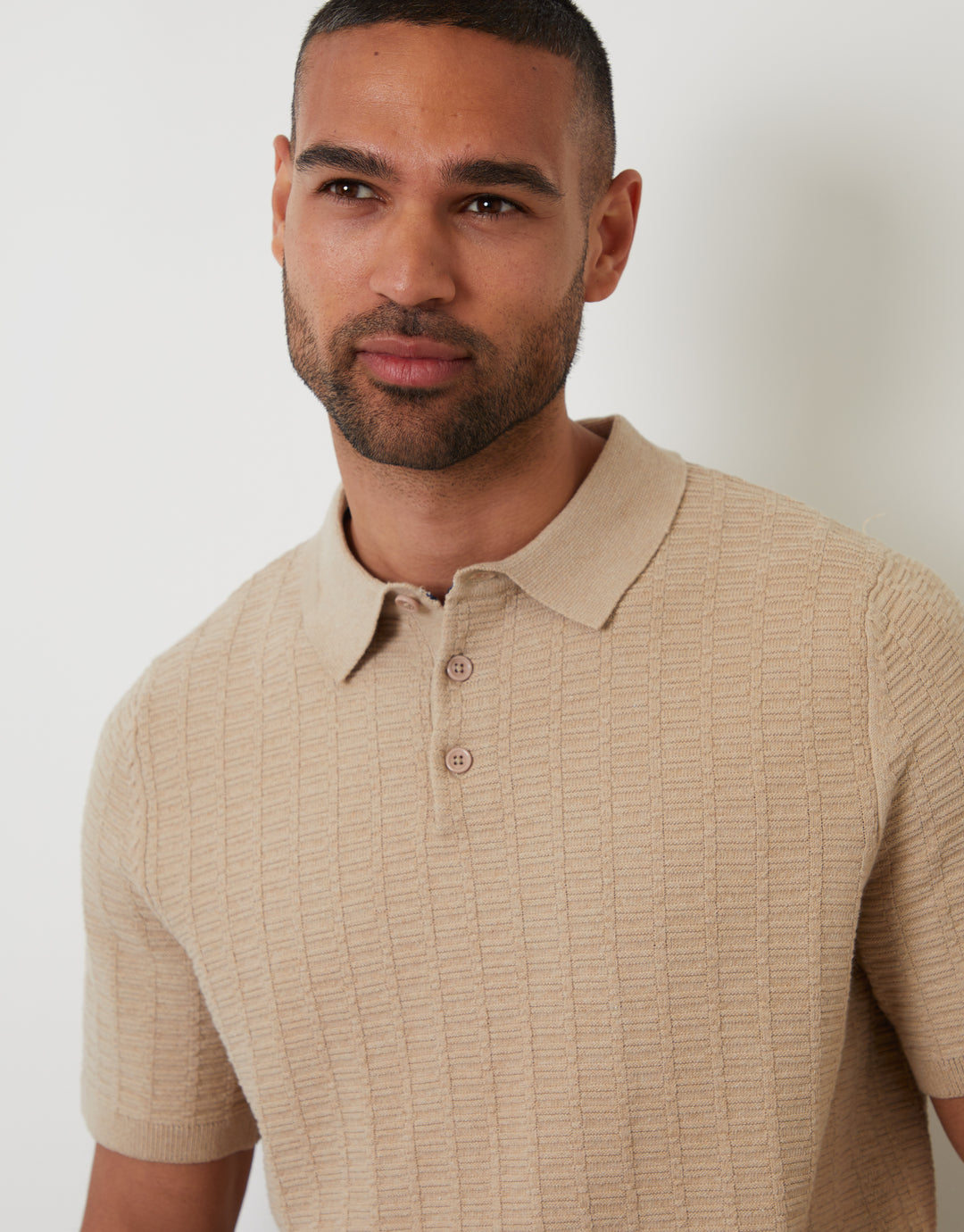 Beige Button Collar Textured Knit Polo
