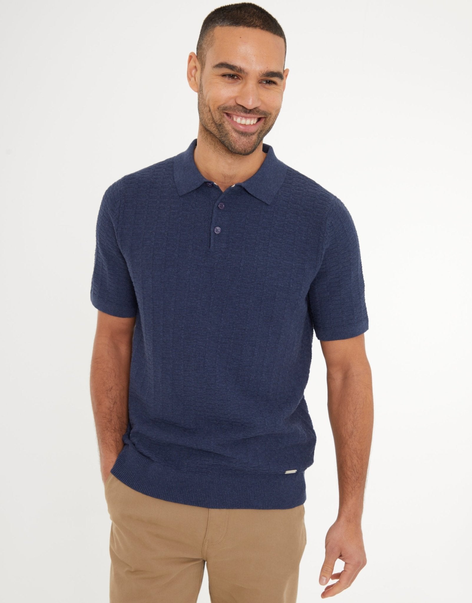 Threadbare Men's Button Collar Textured Polo in Denim Blue