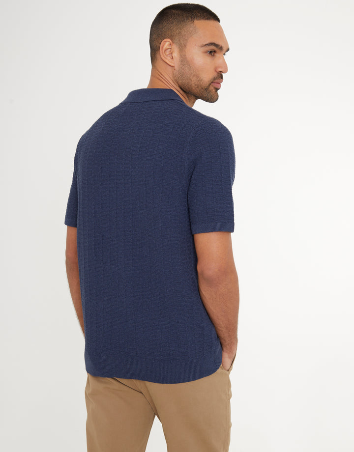 Denim Blue Button Collar Textured Knit Polo