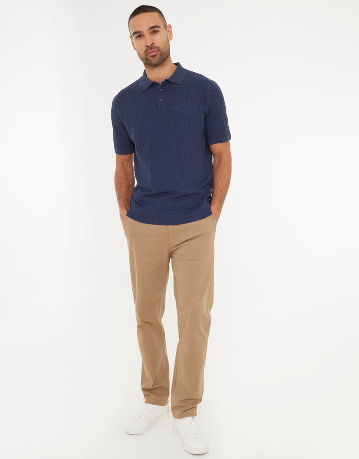 Denim Blue Button Collar Textured Knit Polo