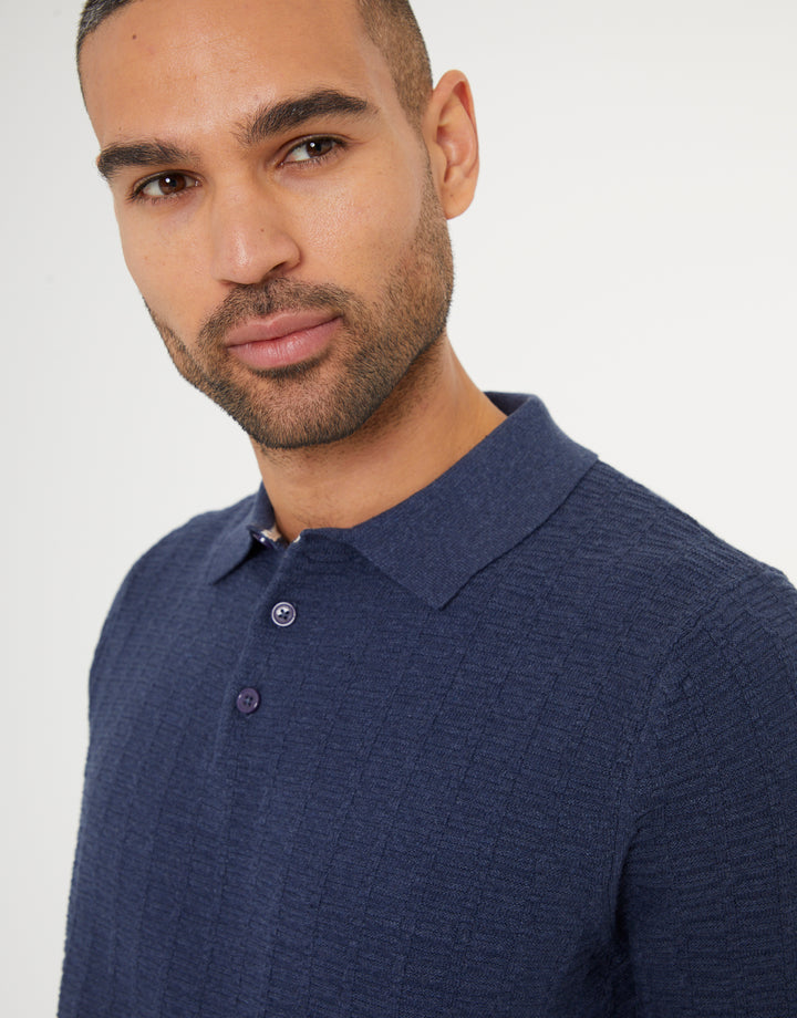 Denim Blue Button Collar Textured Knit Polo