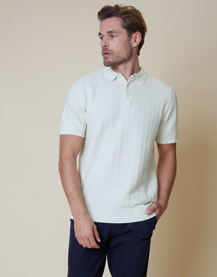 Button Collar Textured Knit Polo in Ecru