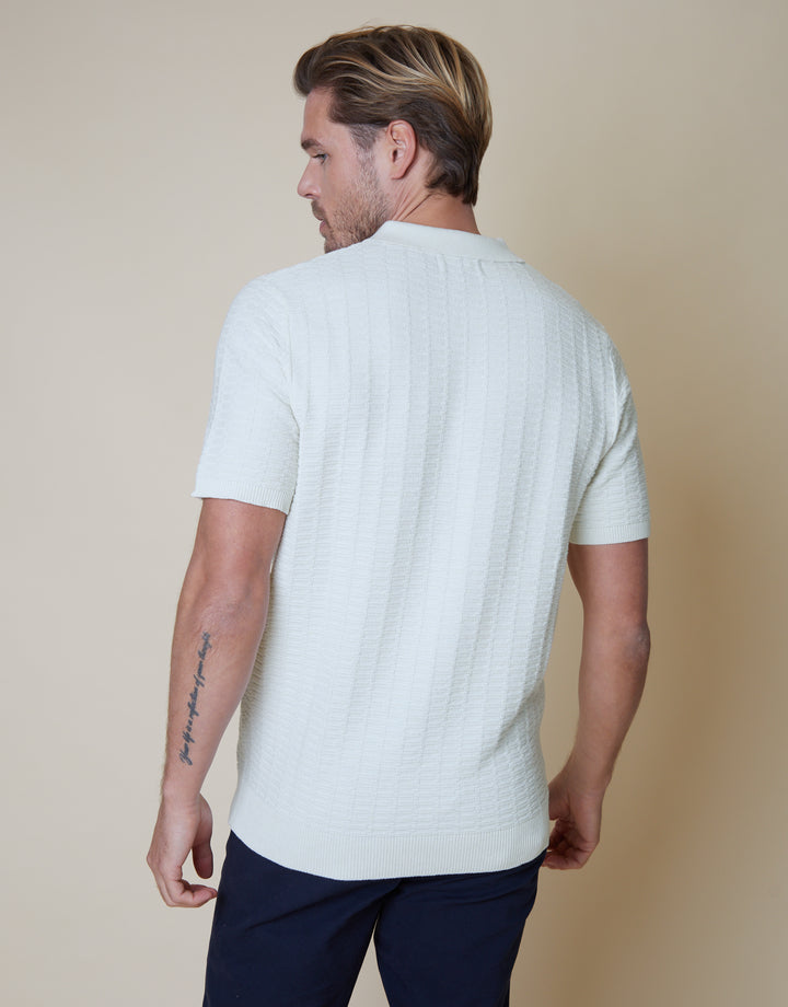 Button Collar Textured Knit Polo in Ecru
