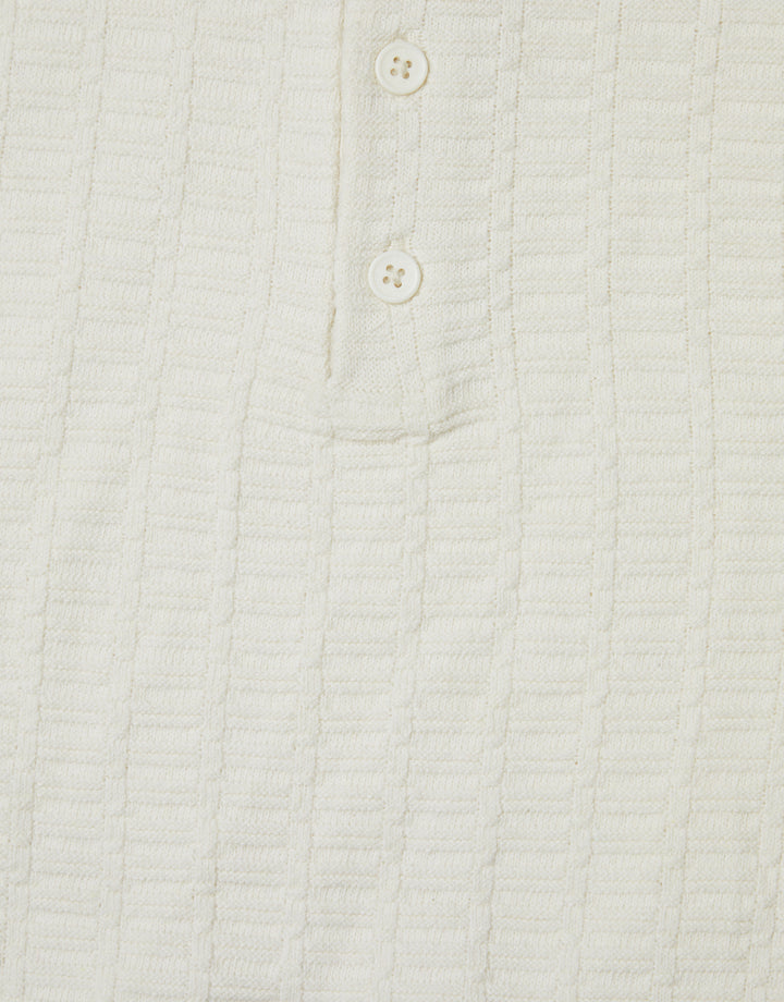 Button Collar Textured Knit Polo in Ecru