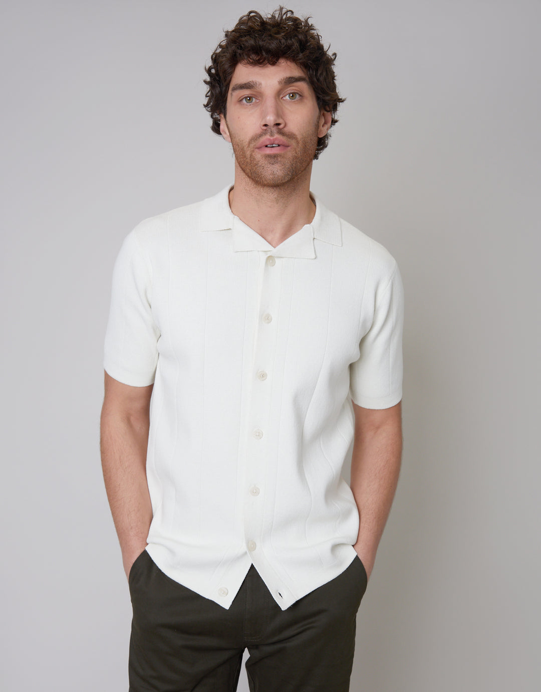 Revere Collar Knitted Shirt in Ecru