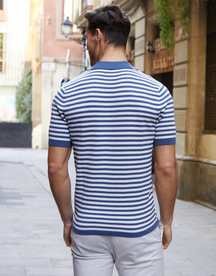 Blue & Ecru Revere Collar Striped Knitted Shirt