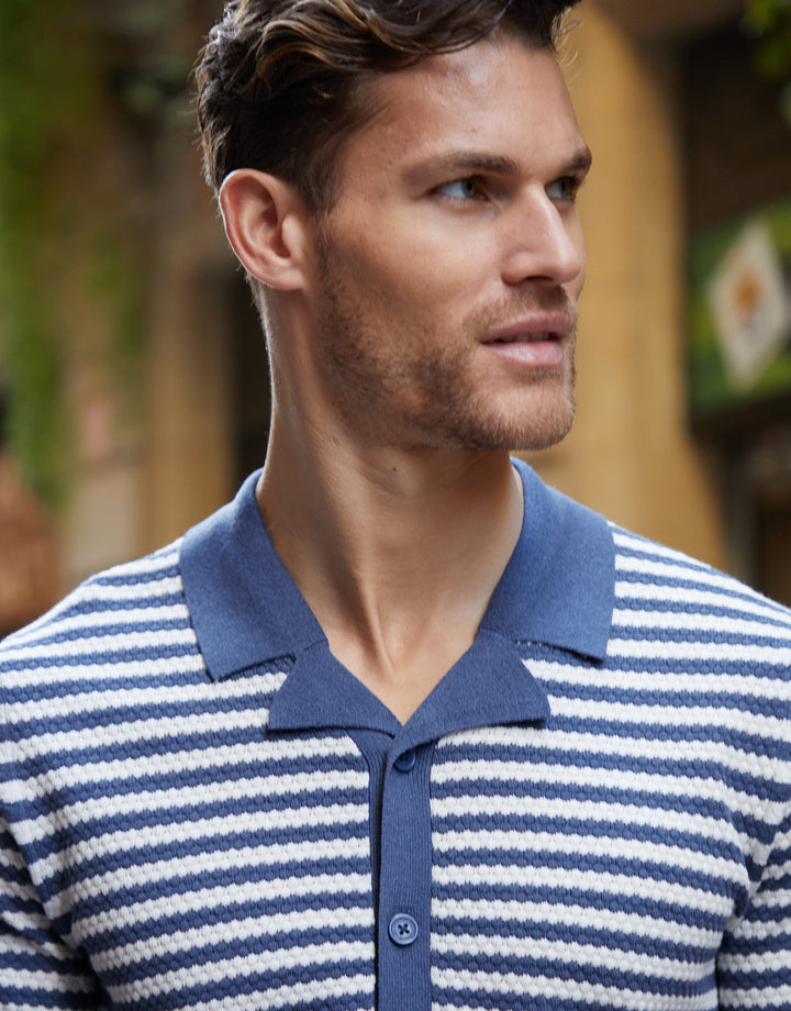 Blue & Ecru Revere Collar Striped Knitted Shirt
