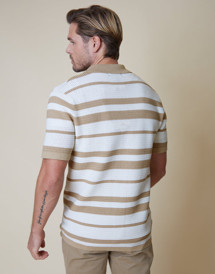 Stone & Ecru Revere Collar Crochet Knit Shirt