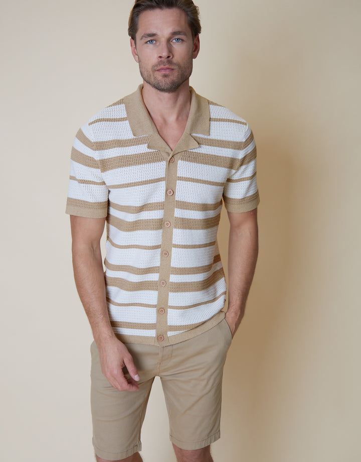 Stone & Ecru Revere Collar Crochet Knit Shirt