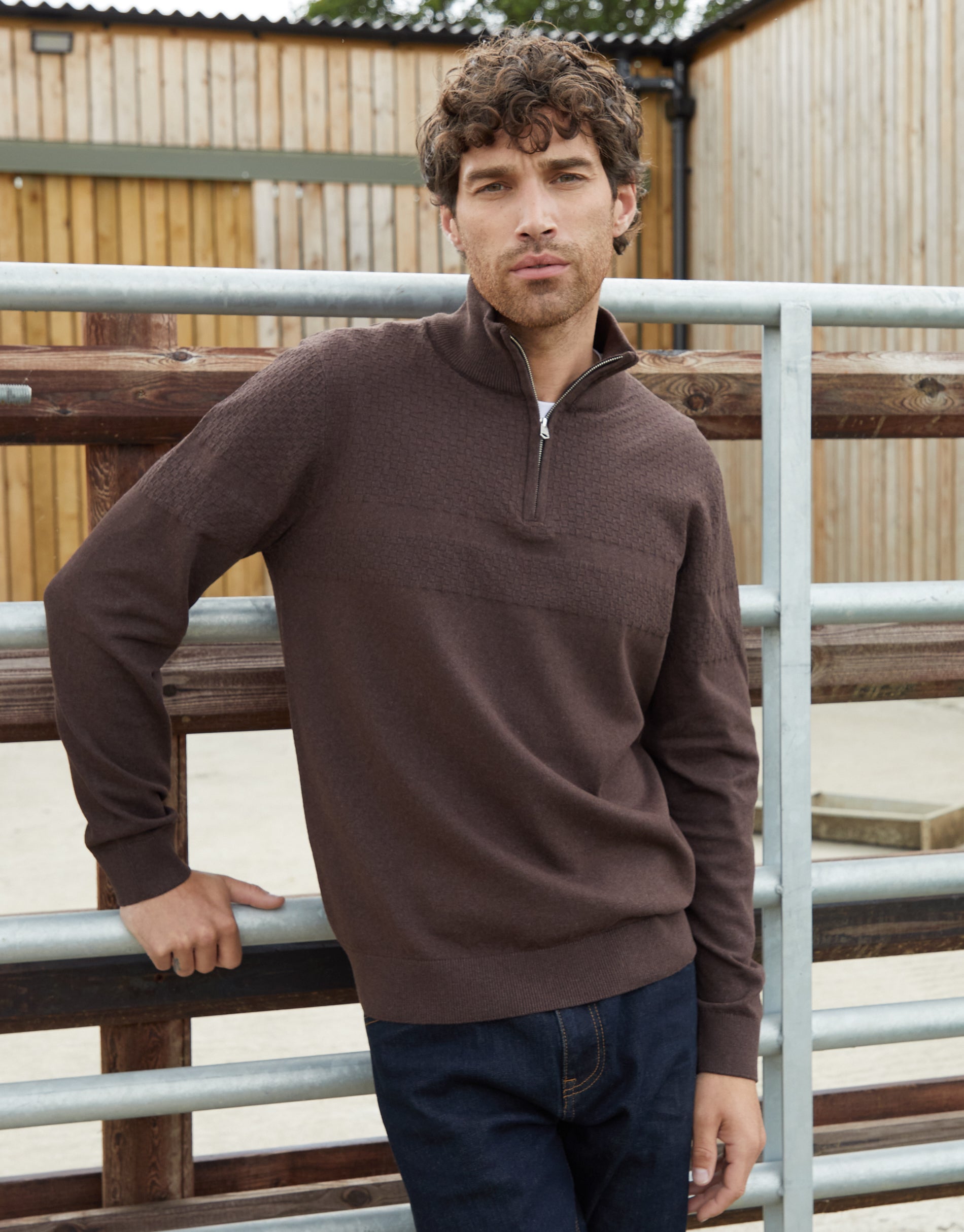 Threadbare Men's Brown Basket Stitch Detail Knitted Quarter Zip Jumper