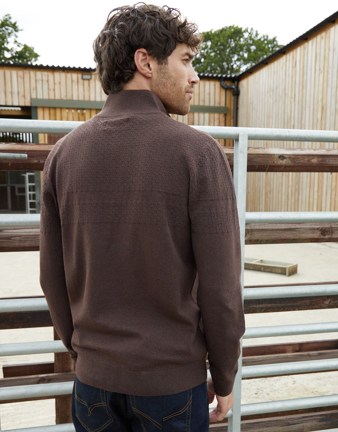 Brown Basket Stitch Detail Knitted Quarter Zip Jumper